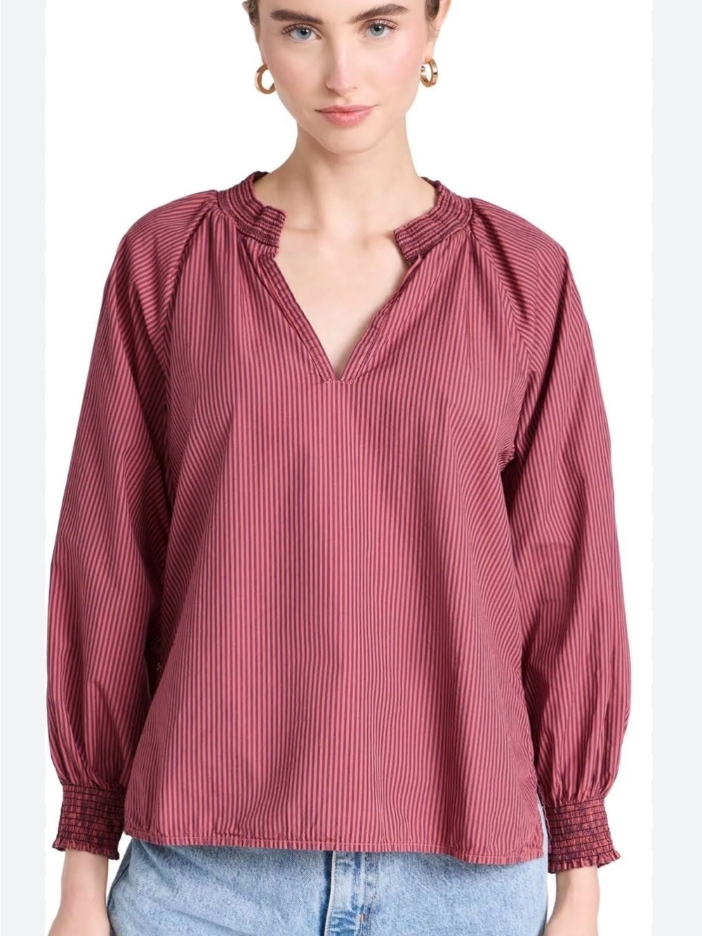 Nation LTD peasant popover blouse burgundy striped  blue size S